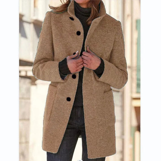 Effortless Brown Coat for Women with Collared Long Sleeve Button Front Casual Style