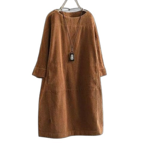 Effortless Brown Corduroy Midi Dress for Women with Crew Neck Long Sleeve A Line Pockets Casual Style