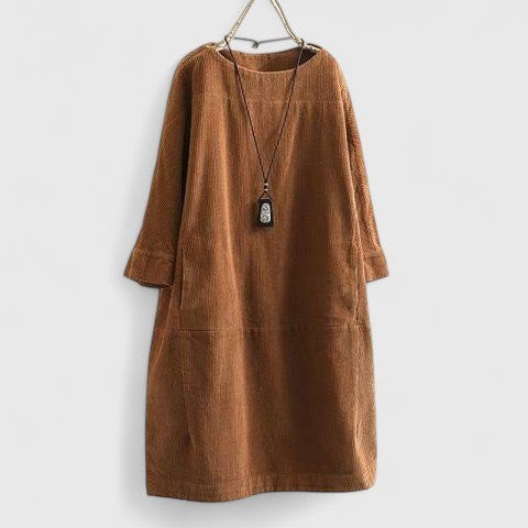 Effortless Brown Corduroy Midi Dress for Women with Crew Neck Long Sleeve A Line Pockets Casual Style