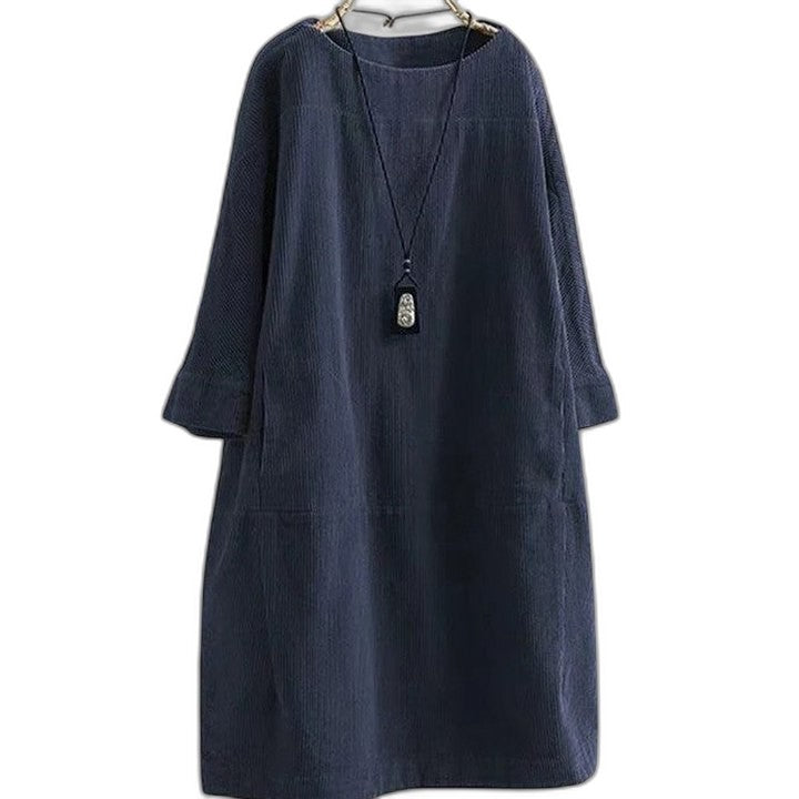 Effortless Brown Corduroy Midi Dress for Women with Crew Neck Long Sleeve A Line Pockets Casual Style