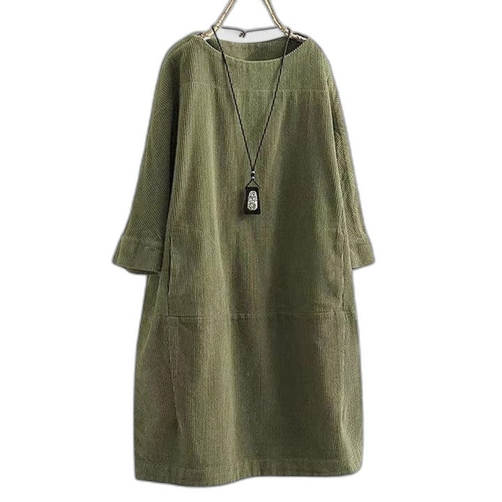 Effortless Brown Corduroy Midi Dress for Women with Crew Neck Long Sleeve A Line Pockets Casual Style