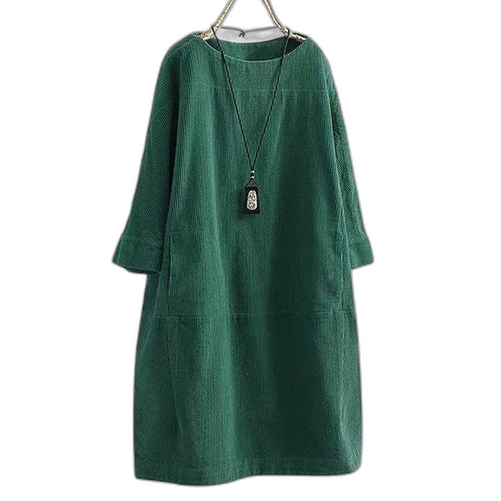 Effortless Brown Corduroy Midi Dress for Women with Crew Neck Long Sleeve A Line Pockets Casual Style