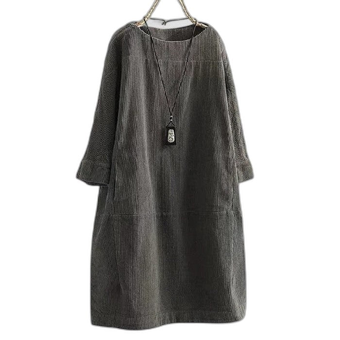 Effortless Brown Corduroy Midi Dress for Women with Crew Neck Long Sleeve A Line Pockets Casual Style