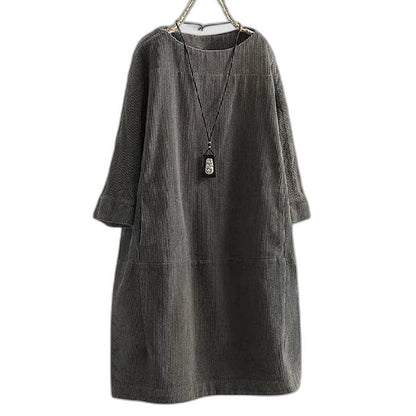 Effortless Brown Corduroy Midi Dress for Women with Crew Neck Long Sleeve A Line Pockets Casual Style
