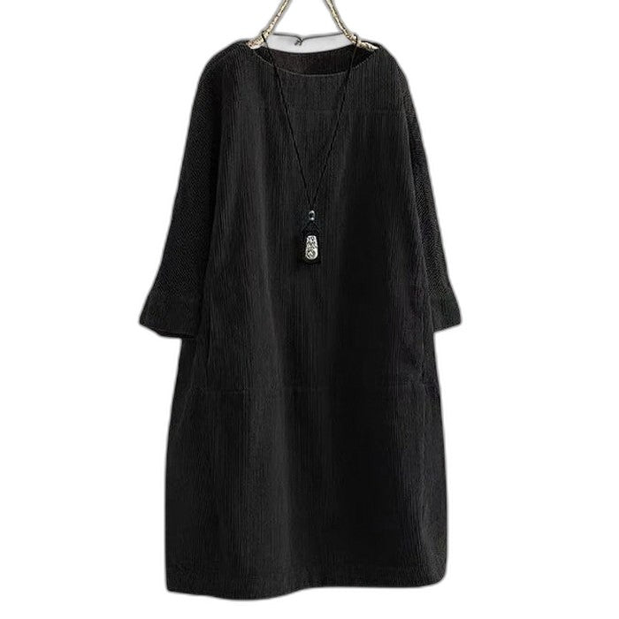 Effortless Brown Corduroy Midi Dress for Women with Crew Neck Long Sleeve A Line Pockets Casual Style
