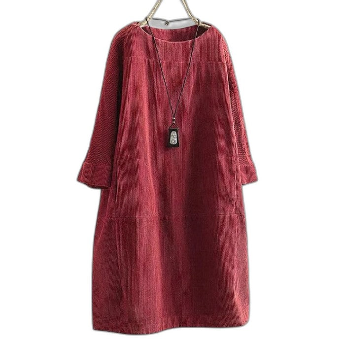 Effortless Brown Corduroy Midi Dress for Women with Crew Neck Long Sleeve A Line Pockets Casual Style