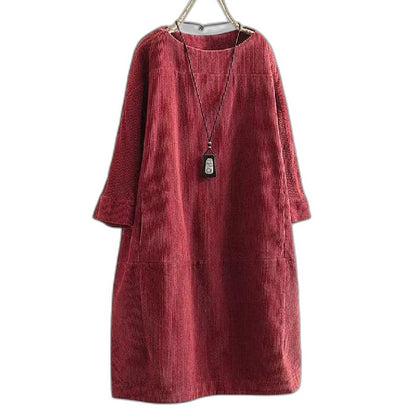 Effortless Brown Corduroy Midi Dress for Women with Crew Neck Long Sleeve A Line Pockets Casual Style