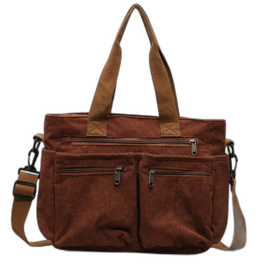 Effortless Brown Corduroy Tote Bag for Women with Pockets Casual Style