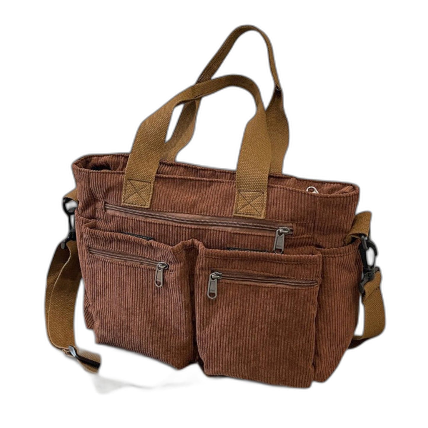 Effortless Brown Corduroy Tote Bag for Women with Pockets Casual Style