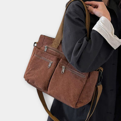 Effortless Brown Corduroy Tote Bag for Women with Pockets Casual Style