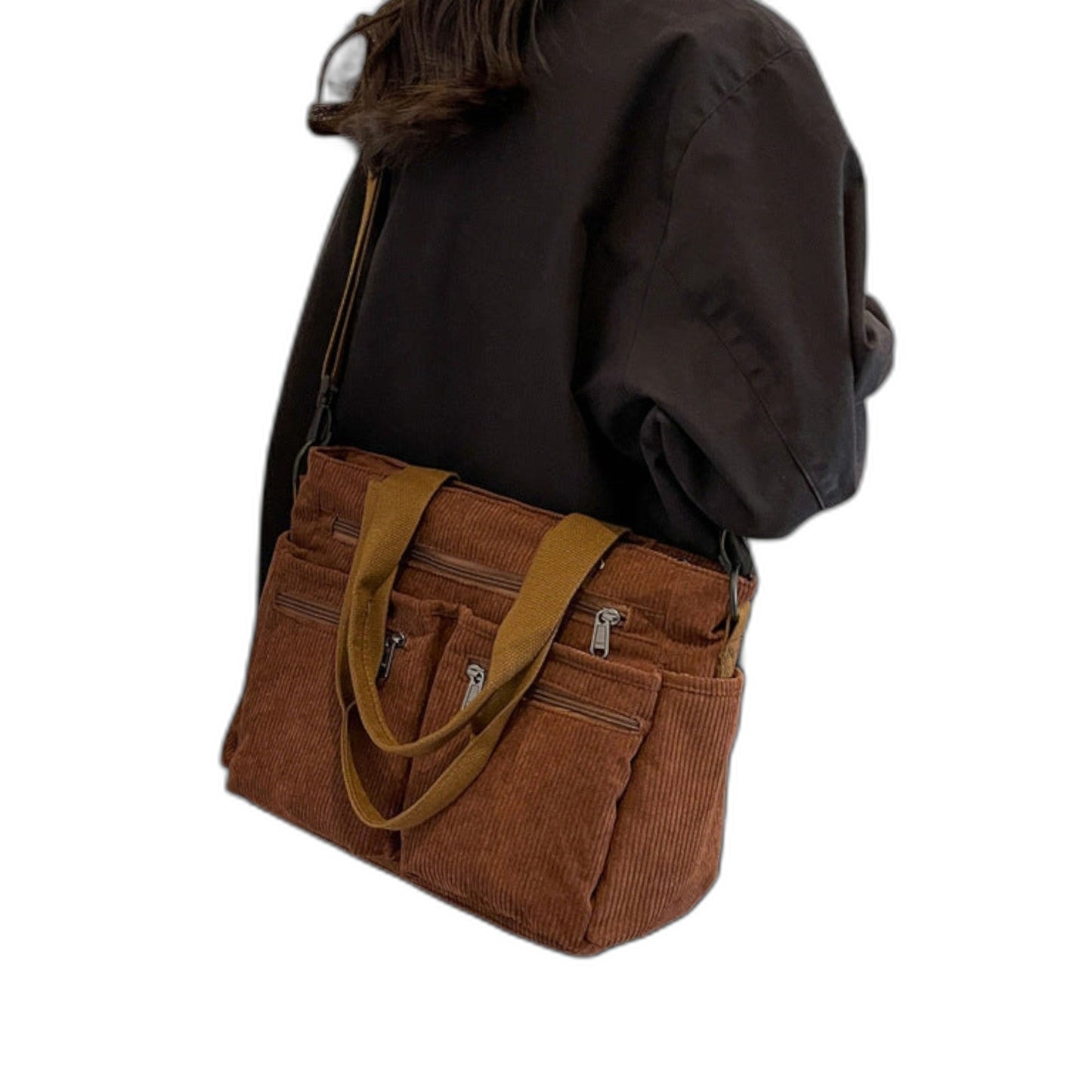 Effortless Brown Corduroy Tote Bag for Women with Pockets Casual Style
