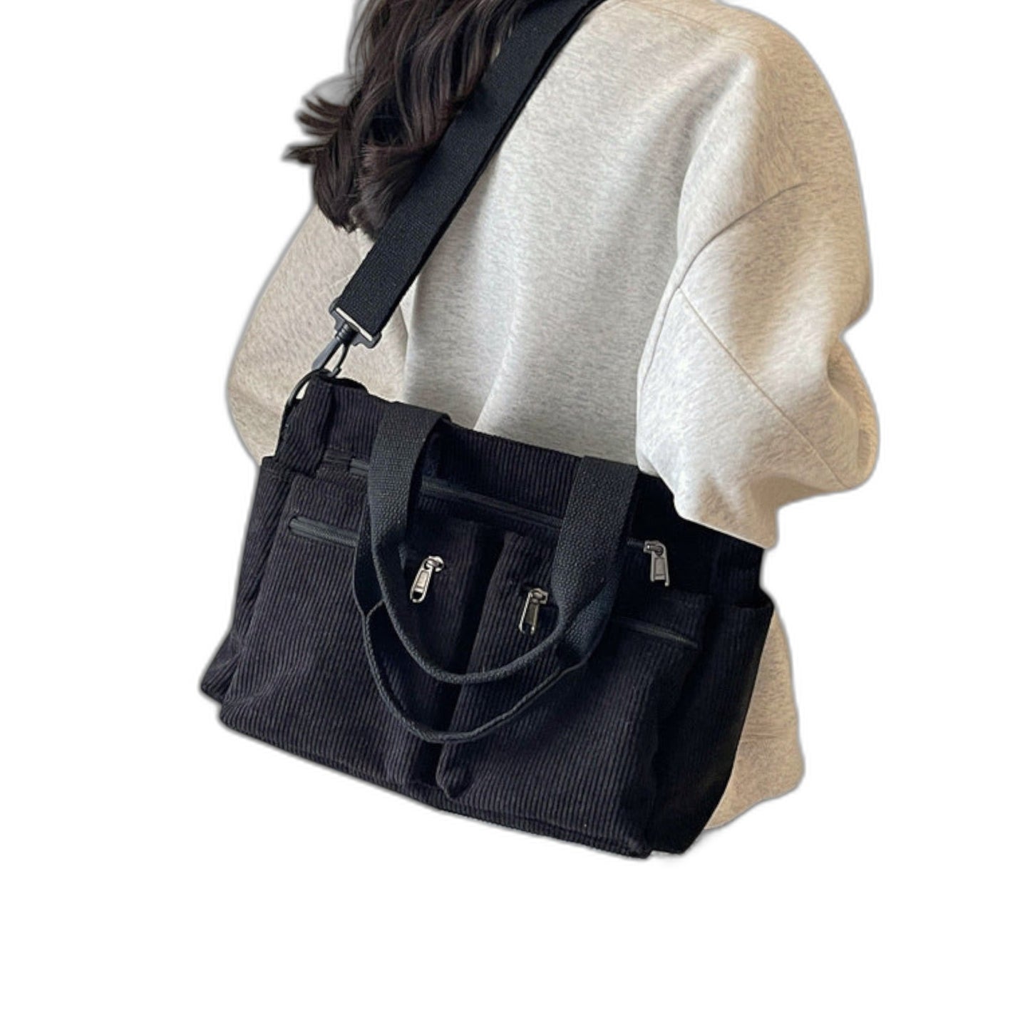 Effortless Brown Corduroy Tote Bag for Women with Pockets Casual Style