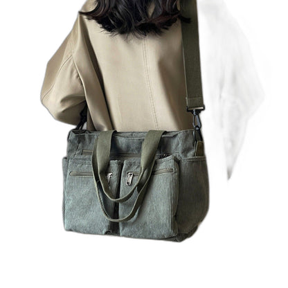 Effortless Brown Corduroy Tote Bag for Women with Pockets Casual Style