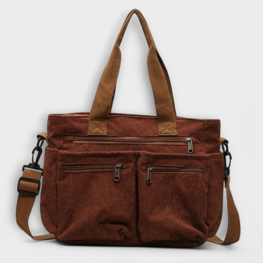 Effortless Brown Corduroy Tote Bag for Women with Pockets Casual Style