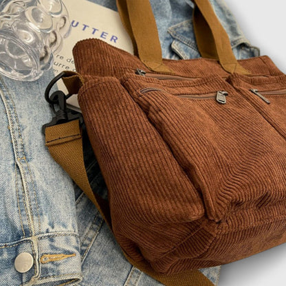 Effortless Brown Corduroy Tote Bag for Women with Pockets Casual Style