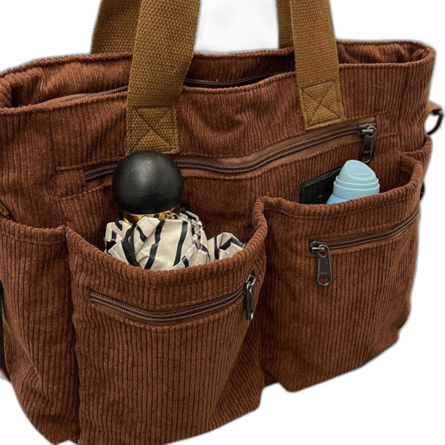 Effortless Brown Corduroy Tote Bag for Women with Pockets Casual Style