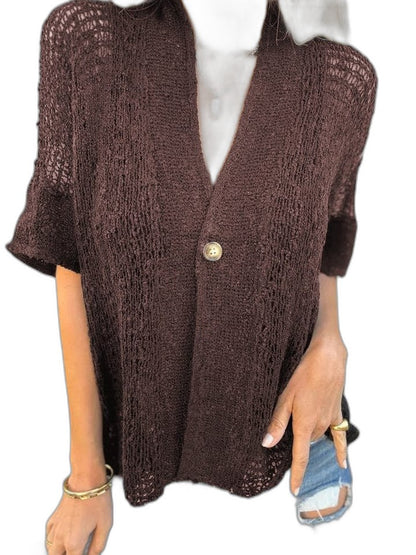 Effortless Brown Crochet Cardigan Sweater for Women with V Neck Short Sleeve Button Front Oversized Casual Style