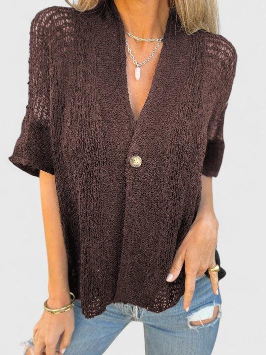 Effortless Brown Crochet Cardigan Sweater for Women with V Neck Short Sleeve Button Front Oversized Casual Style