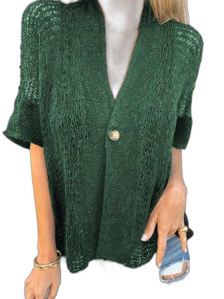 Effortless Brown Crochet Cardigan Sweater for Women with V Neck Short Sleeve Button Front Oversized Casual Style