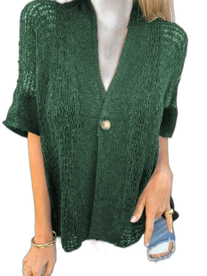 Effortless Brown Crochet Cardigan Sweater for Women with V Neck Short Sleeve Button Front Oversized Casual Style