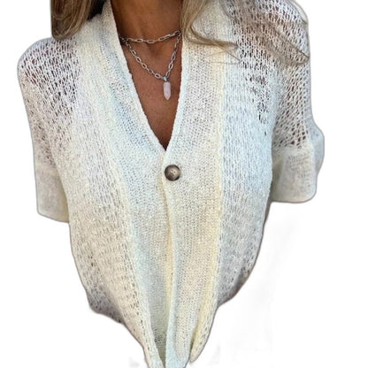 Effortless Brown Crochet Cardigan Sweater for Women with V Neck Short Sleeve Button Front Oversized Casual Style