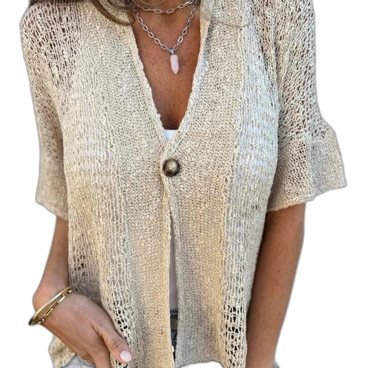Effortless Brown Crochet Cardigan Sweater for Women with V Neck Short Sleeve Button Front Oversized Casual Style