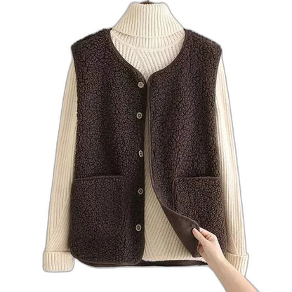 Effortless Brown Fleece Sweater Vest for Women with Collared Sleeveless Button Front Pockets Casual Style