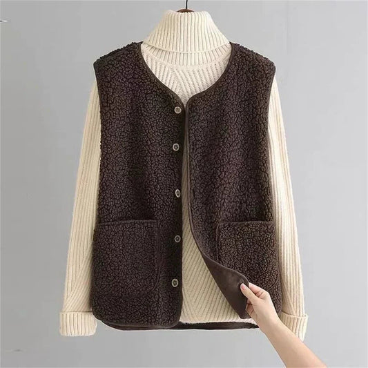 Effortless Brown Fleece Sweater Vest for Women with Collared Sleeveless Button Front Pockets Casual Style