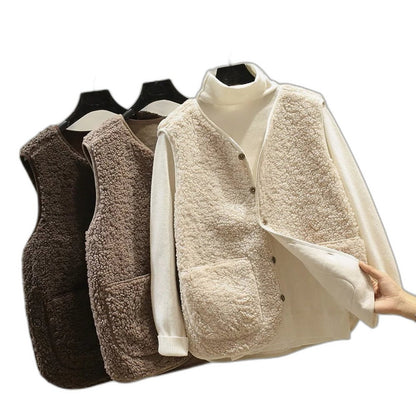 Effortless Brown Fleece Sweater Vest for Women with Collared Sleeveless Button Front Pockets Casual Style