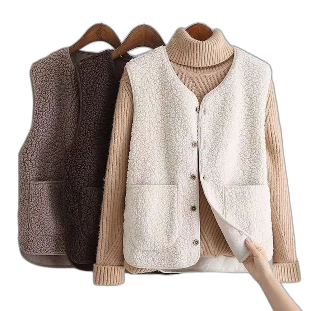 Effortless Brown Fleece Sweater Vest for Women with Collared Sleeveless Button Front Pockets Casual Style