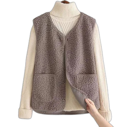 Effortless Brown Fleece Sweater Vest for Women with Collared Sleeveless Button Front Pockets Casual Style