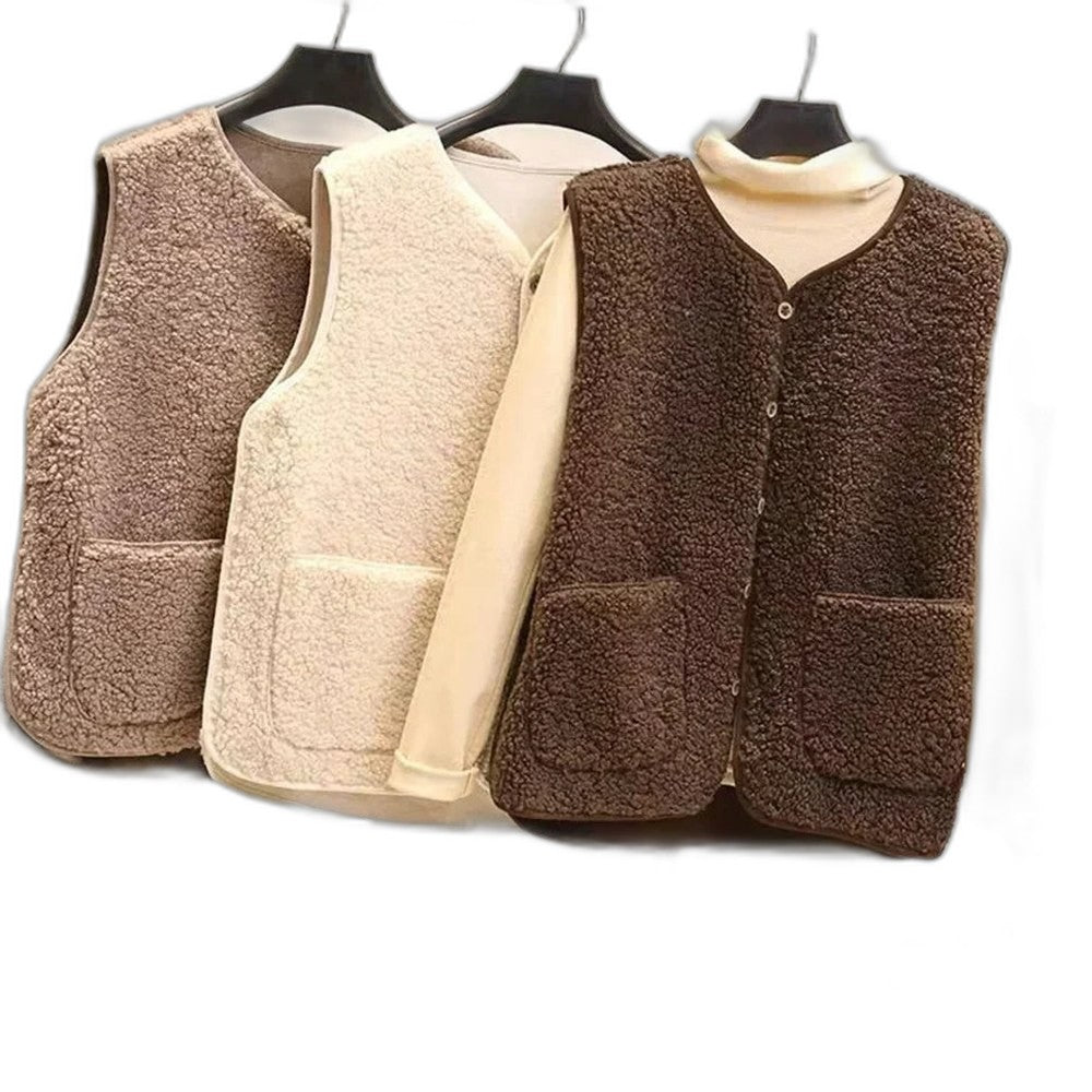 Effortless Brown Fleece Sweater Vest for Women with Collared Sleeveless Button Front Pockets Casual Style