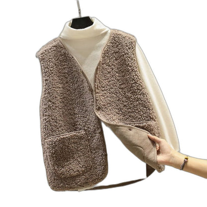 Effortless Brown Fleece Sweater Vest for Women with Collared Sleeveless Button Front Pockets Casual Style