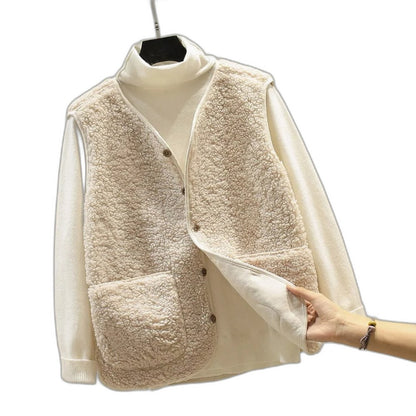 Effortless Brown Fleece Sweater Vest for Women with Collared Sleeveless Button Front Pockets Casual Style