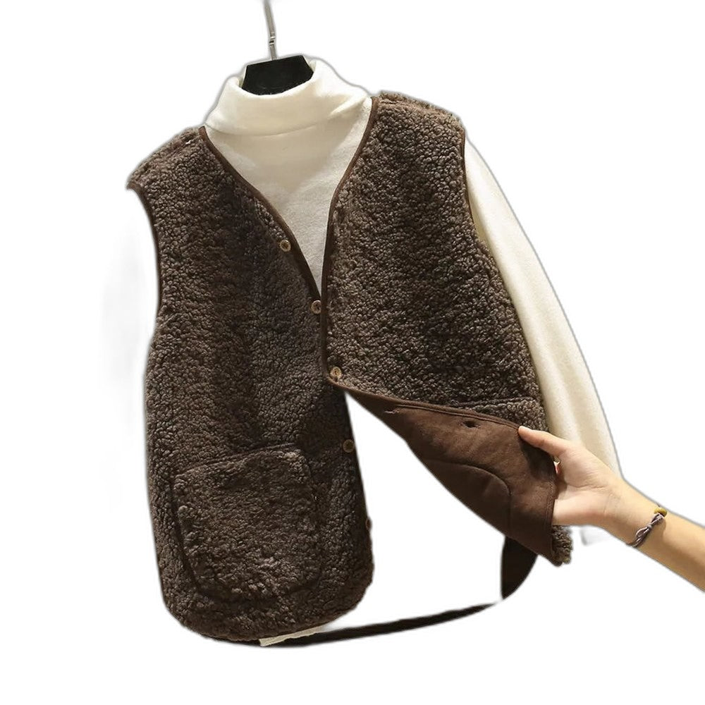Effortless Brown Fleece Sweater Vest for Women with Collared Sleeveless Button Front Pockets Casual Style