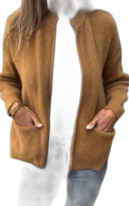 Effortless Brown Knit Cardigan Sweater for Women with V Neck Long Sleeve Pockets Casual Style