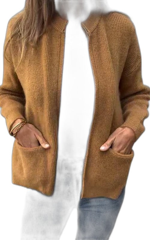Effortless Brown Knit Cardigan Sweater for Women with V Neck Long Sleeve Pockets Casual Style
