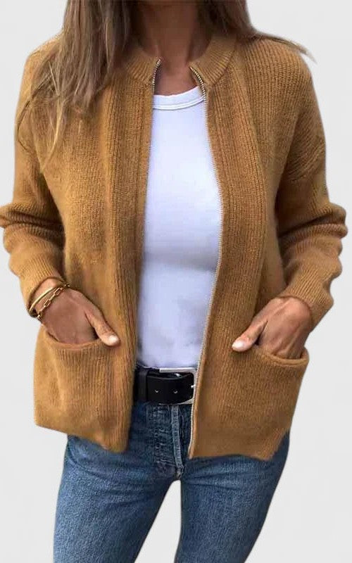 Effortless Brown Knit Cardigan Sweater for Women with V Neck Long Sleeve Pockets Casual Style
