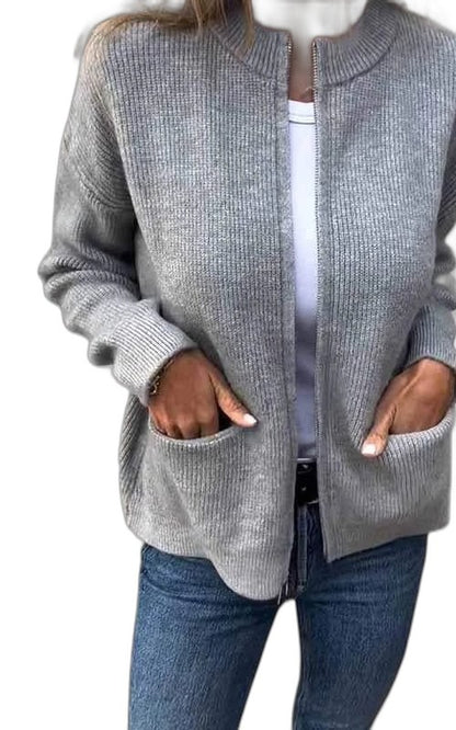 Effortless Brown Knit Cardigan Sweater for Women with V Neck Long Sleeve Pockets Casual Style