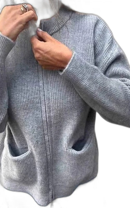 Effortless Brown Knit Cardigan Sweater for Women with V Neck Long Sleeve Pockets Casual Style