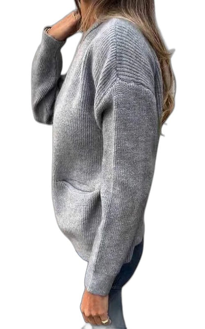 Effortless Brown Knit Cardigan Sweater for Women with V Neck Long Sleeve Pockets Casual Style