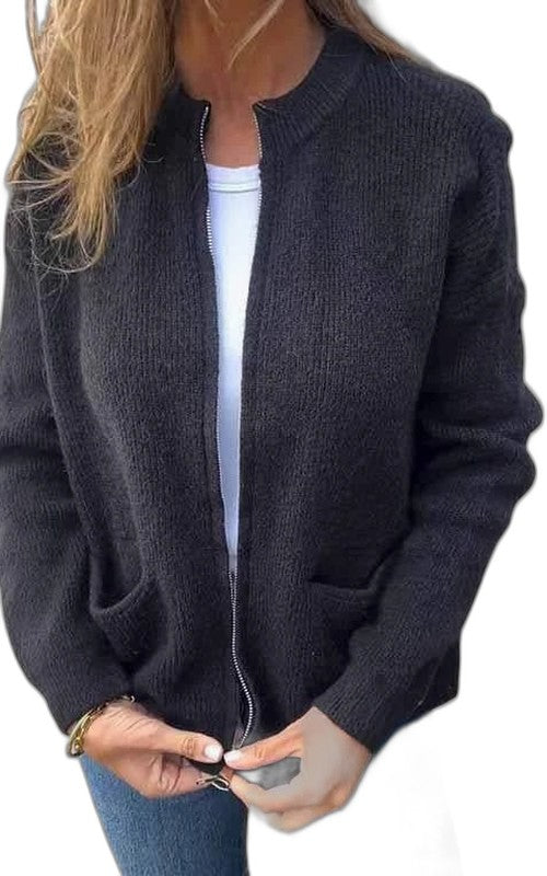 Effortless Brown Knit Cardigan Sweater for Women with V Neck Long Sleeve Pockets Casual Style