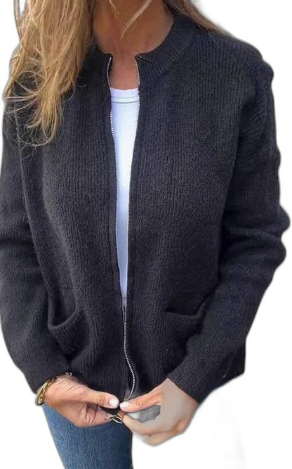 Effortless Brown Knit Cardigan Sweater for Women with V Neck Long Sleeve Pockets Casual Style