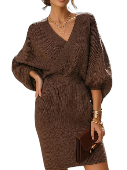 Effortless Brown Knit Mini Dress for Women with V Neck Long Sleeve Wrap Casual Style
