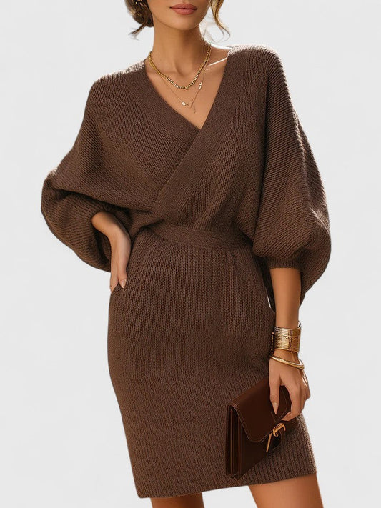 Effortless Brown Knit Mini Dress for Women with V Neck Long Sleeve Wrap Casual Style