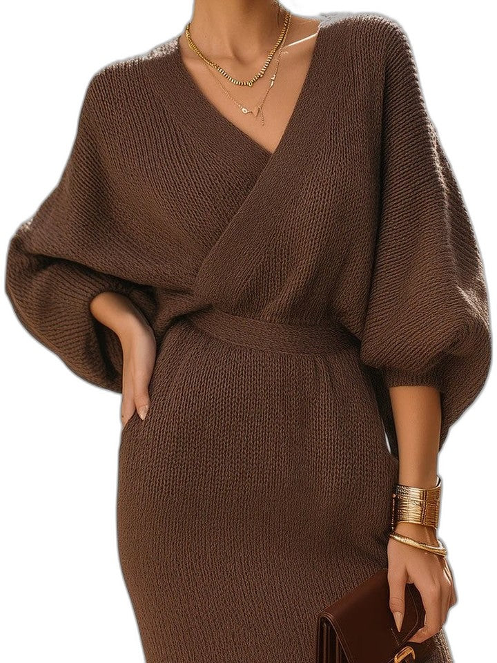 Effortless Brown Knit Mini Dress for Women with V Neck Long Sleeve Wrap Casual Style