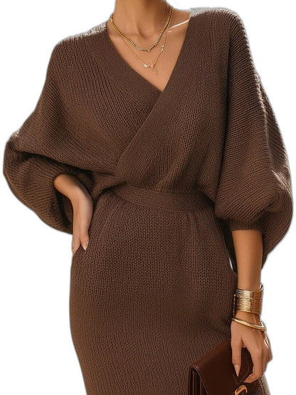 Effortless Brown Knit Mini Dress for Women with V Neck Long Sleeve Wrap Casual Style