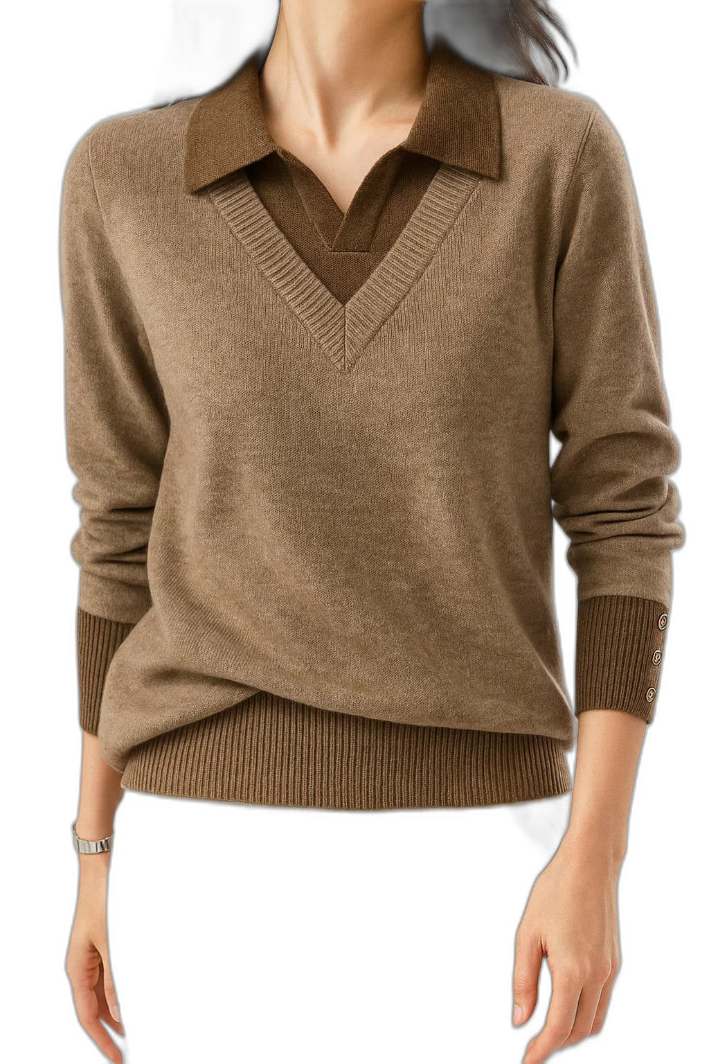 Effortless Brown Knit Sweater for Women with Collared Long Sleeve Casual Style