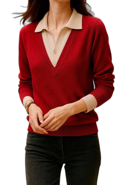 Effortless Brown Knit Sweater for Women with Collared Long Sleeve Casual Style