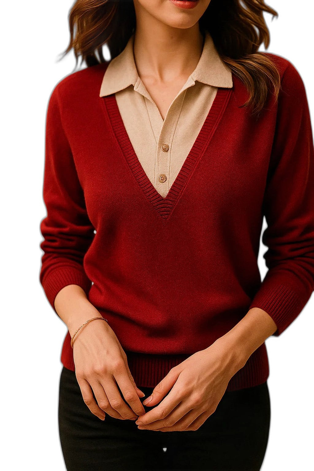Effortless Brown Knit Sweater for Women with Collared Long Sleeve Casual Style